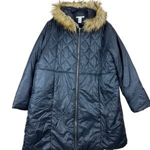 K. Jordan Women’s Puffer Coat 3X Studded Faux Fur Hood Gold Zip Y2K Lightweight